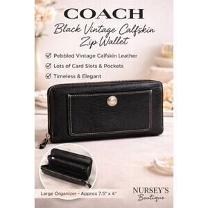 Coach Vingtage Calfskin Black Zip Around Wallet Classic Organizer Pebbled